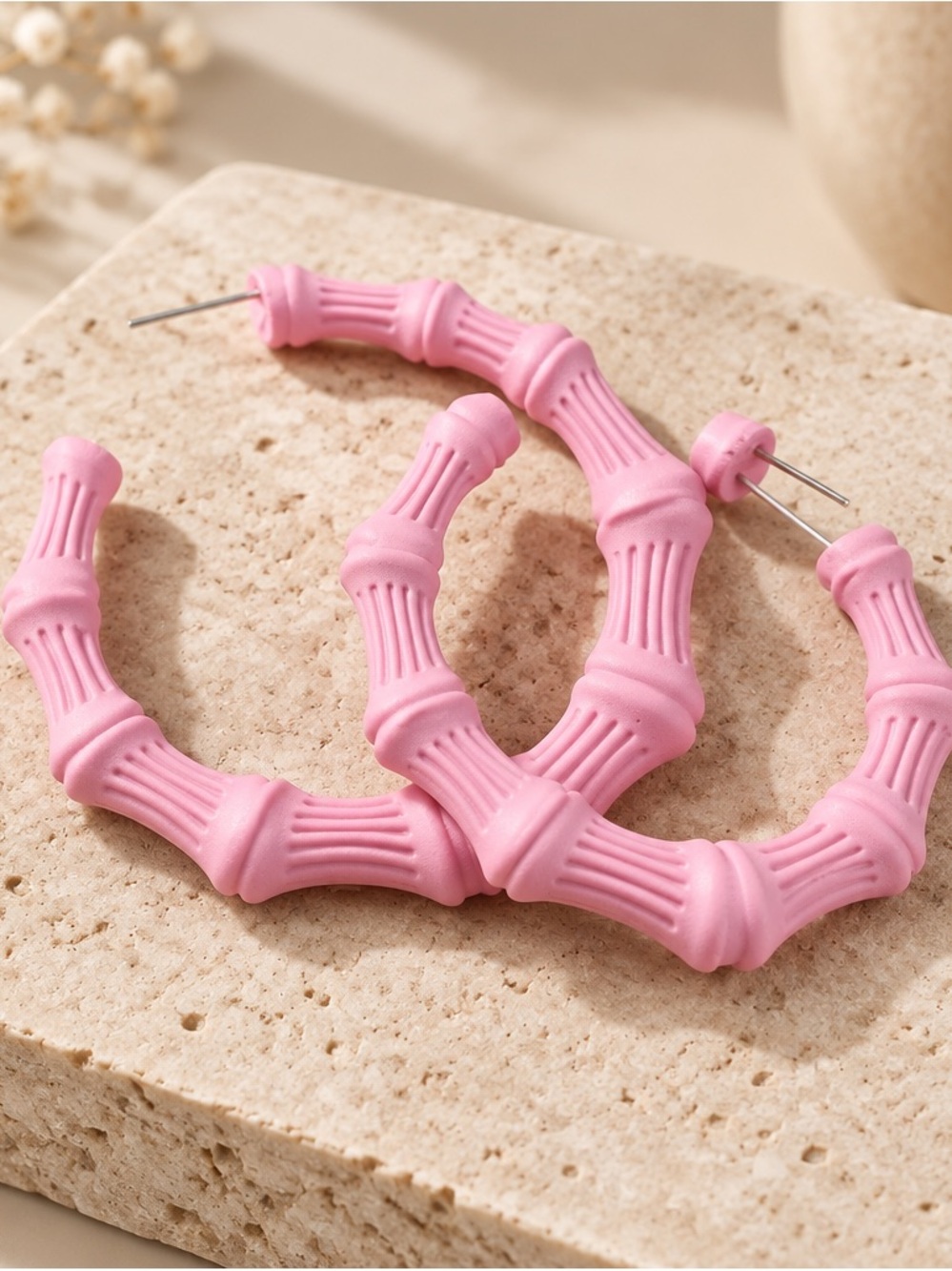Fashion Jewelry Pink Bamboo-Style Hoop Earrings - Women Jewelry